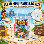 Clear pirate birthday goodie bag size guide showing the 5.9 inch wide, 6.3 inch tall and 2.8 inch deep favor bag with secure snap closure and personalized front sticker.