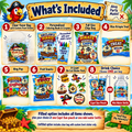 Personalized pirate birthday goodie bag favor set showing everything included in the filled option: clear mini favor bag with custom front sticker, pirate coloring book and crayons, chip bag, Rice Krispie treat, Ring Pop, fruit snacks, 8 count die cut sticker pack, and choice of pirate water bottle or Capri Sun party favor.