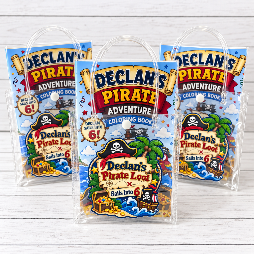 Personalized pirate birthday goodie bags shown filled and ready for guests with clear handled favor bags, custom name and age stickers, and coordinating pirate party contents.