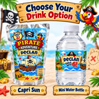 Personalized pirate birthday drink favor options showing a Capri Sun pouch and mini water bottle customized with the birthday child’s name and age.