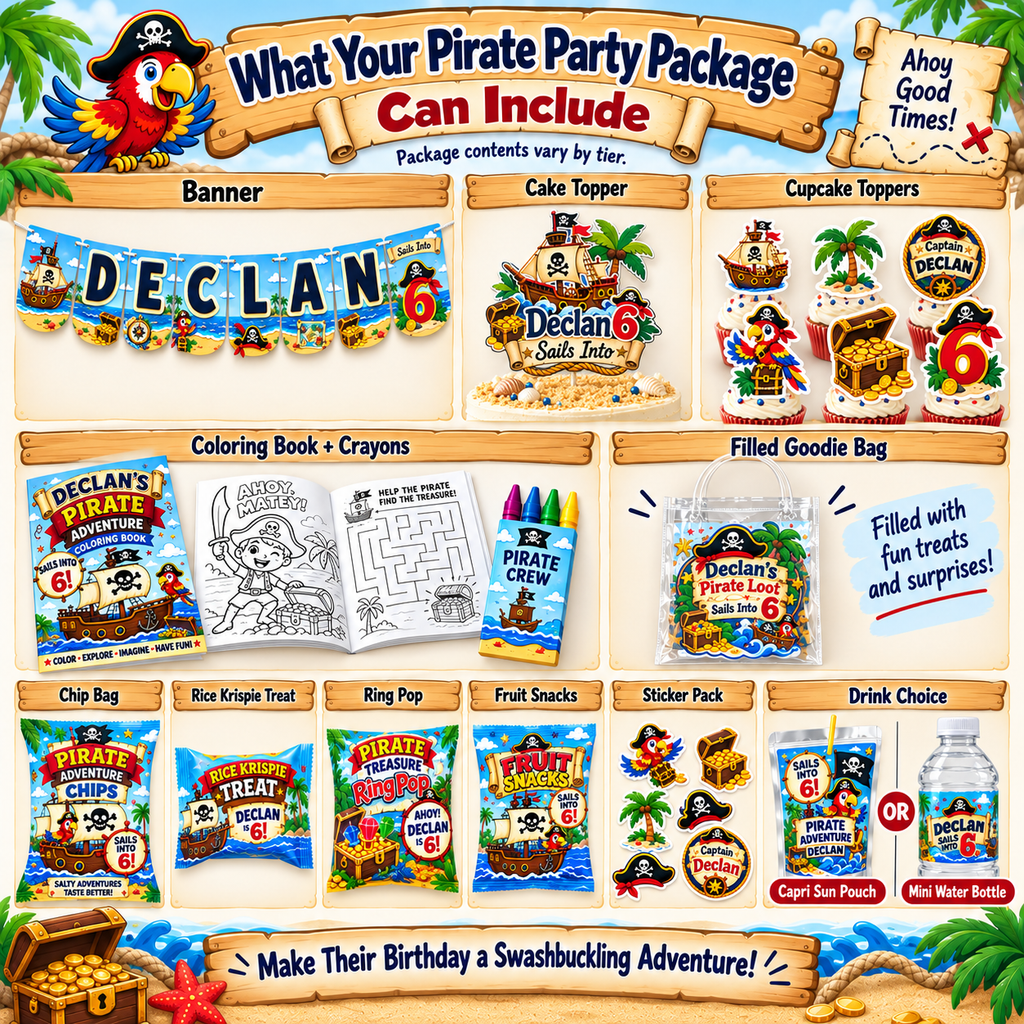Pirate birthday party package guide showing available coordinated pieces including banner, cake topper, cupcake toppers, coloring books with crayons, filled goodie bags, snack favors, stickers and personalized drink options.