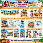 Pirate birthday party package guide showing available coordinated pieces including banner, cake topper, cupcake toppers, coloring books with crayons, filled goodie bags, snack favors, stickers and personalized drink options.