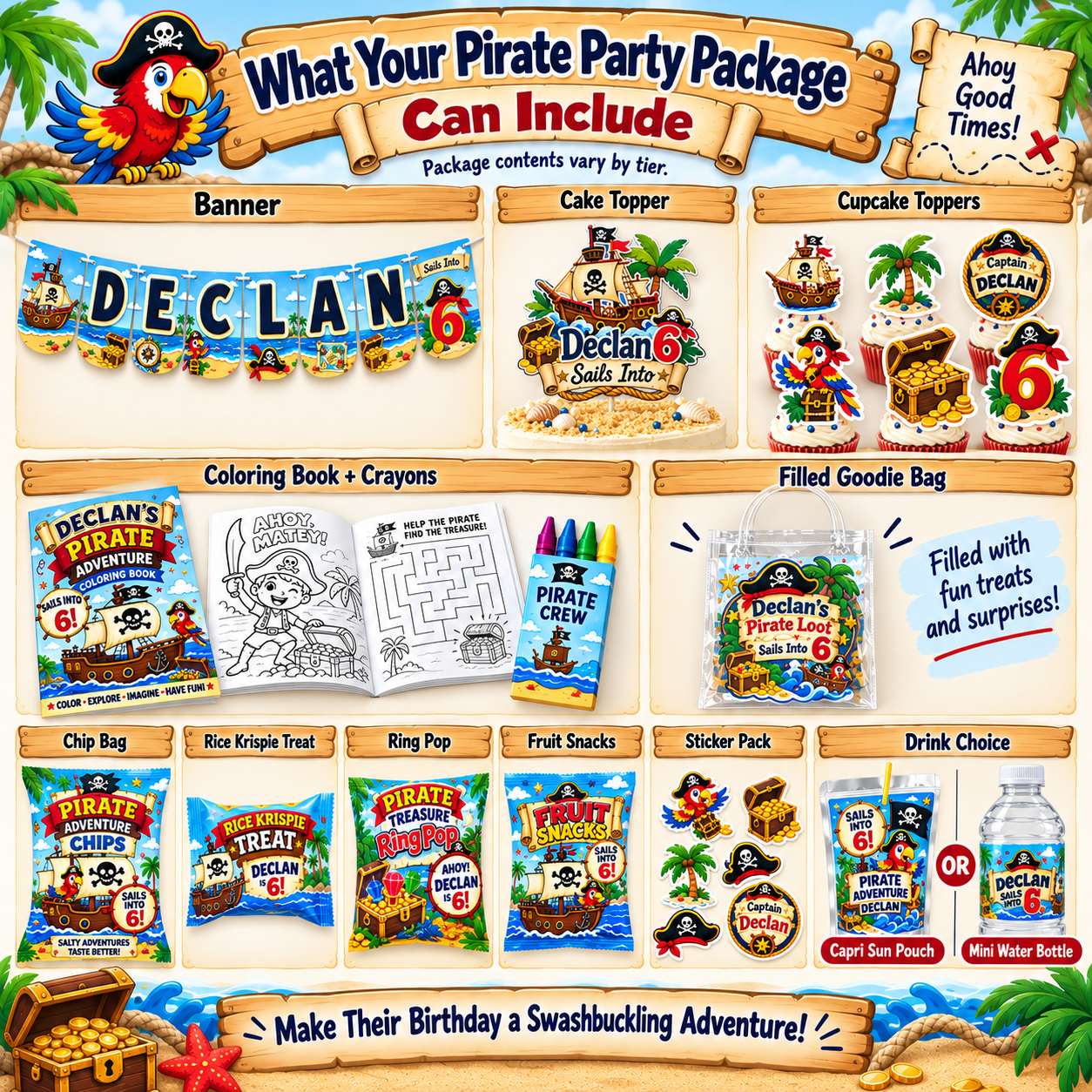 Pirate birthday party package guide showing available coordinated pieces including banner, cake topper, cupcake toppers, coloring books with crayons, filled goodie bags, snack favors, stickers and personalized drink options.