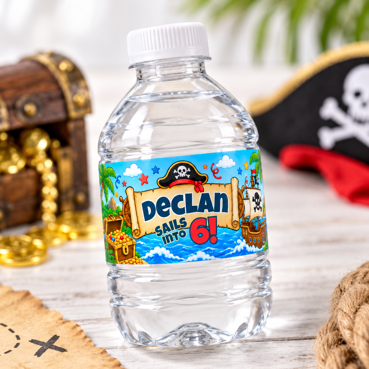 Close up of a personalized pirate birthday 8 oz mini water bottle with custom child name and age label, treasure chest and pirate ship artwork for a kids party favor.