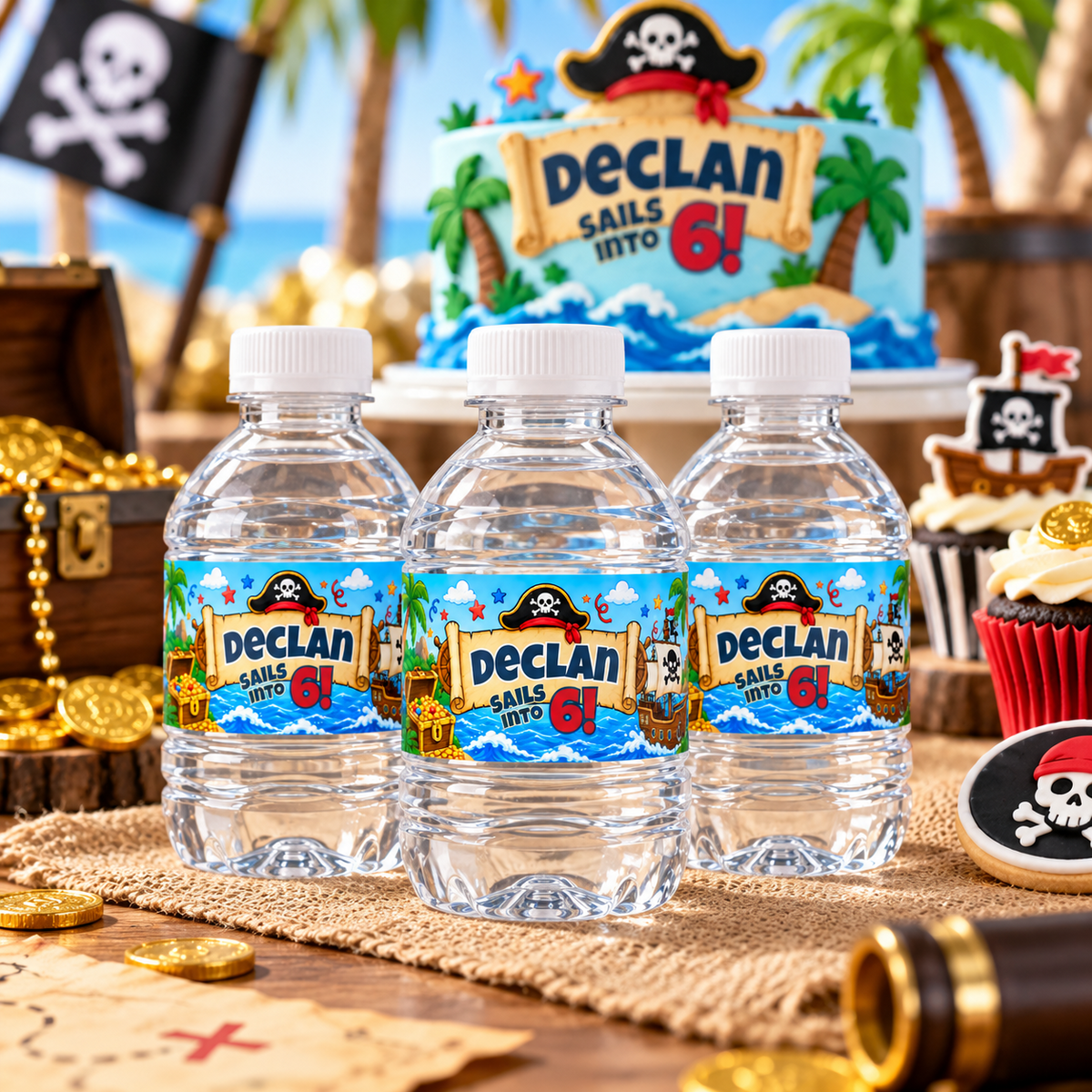 Personalized pirate birthday mini water bottles with custom child name and age labels, displayed as a coordinated trio for a kids pirate themed birthday party or party favor table.