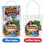 Pirate birthday goodie bag listing image comparing the filled option with personalized party favors and the unfilled option with a clear handled bag and custom front sticker.