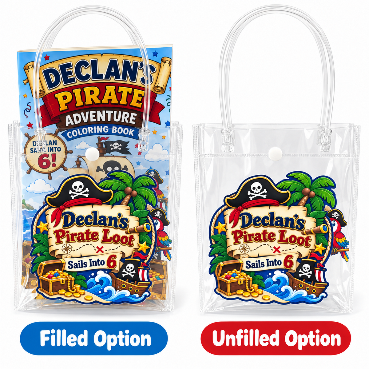 Pirate birthday goodie bag listing image comparing the filled option with personalized party favors and the unfilled option with a clear handled bag and custom front sticker.