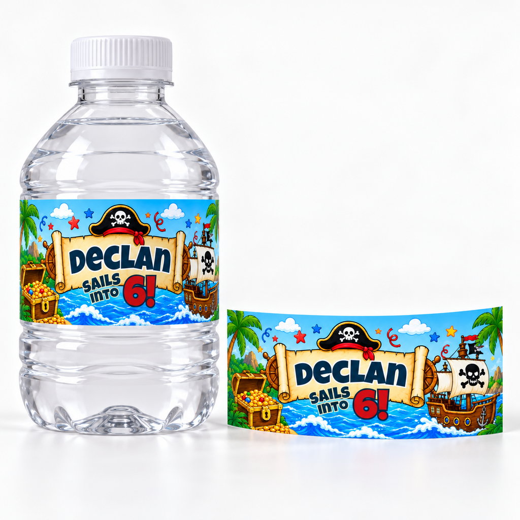 Personalized pirate birthday water bottle label shown in both filled and unfilled options, featuring a custom child name and age design for 8 oz mini water bottles and pirate themed party favors.
