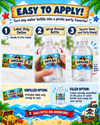 Pirate birthday water bottle label instructions showing a ready to use personalized label wrapped around an 8 oz mini water bottle for an easy party favor setup.