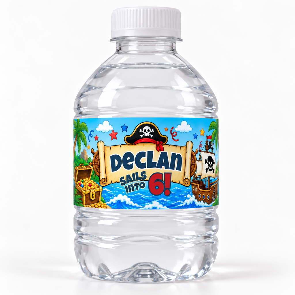 Personalized pirate birthday water bottle label applied to an 8 oz mini water bottle, featuring the birthday child name and age with colorful pirate ship and treasure artwork.