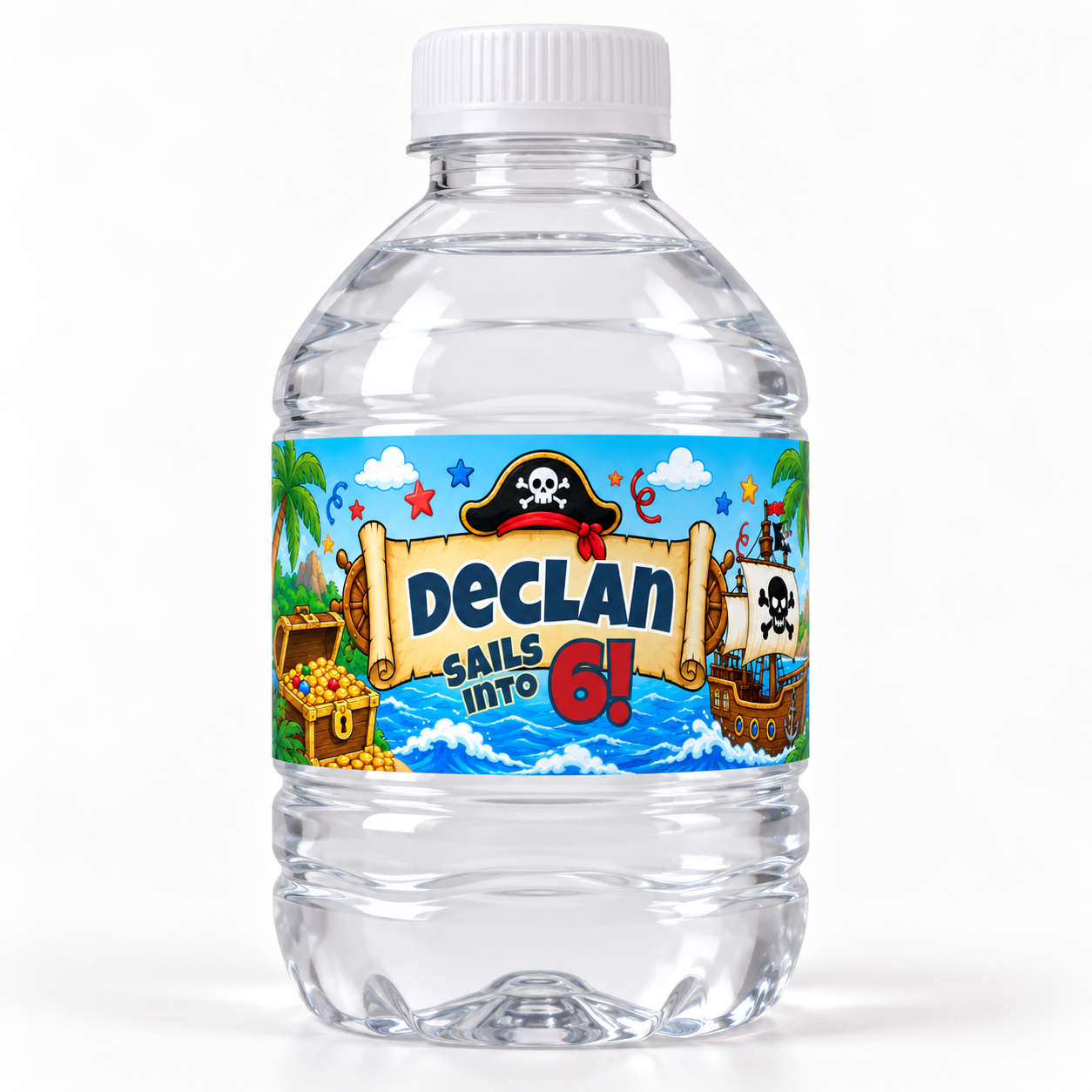 Personalized pirate birthday water bottle label applied to an 8 oz mini water bottle, featuring the birthday child name and age with colorful pirate ship and treasure artwork.