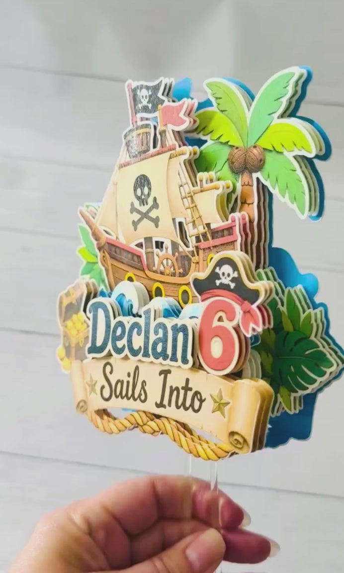 Pirate Birthday Cake Topper | Personalized 3D Layered Name & Age