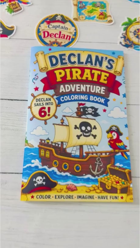 Video flipping through a personalized pirate birthday coloring book with custom front and back covers, pirate themed coloring pages, activity pages, and coordinating party favor design.