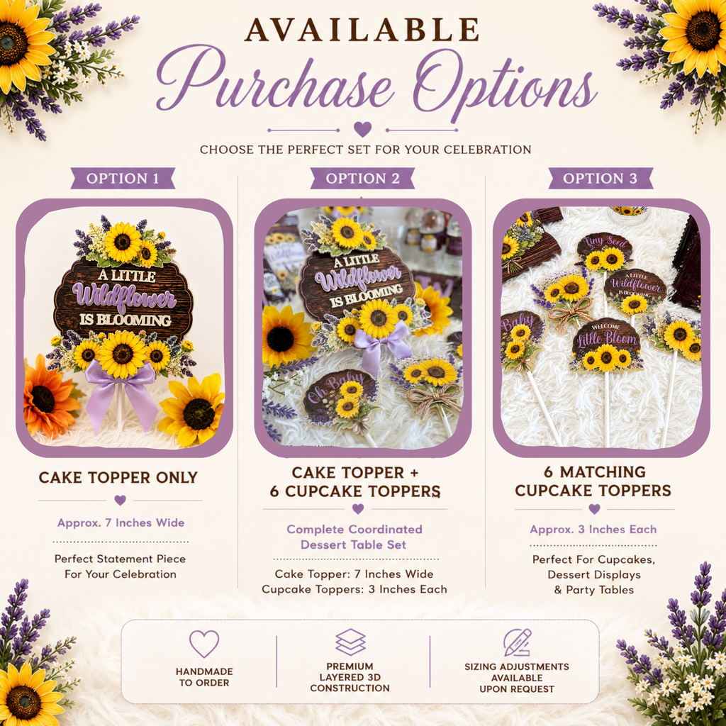 Video showcasing A Little Wildflower Is Blooming baby shower cake topper and matching cupcake topper set featuring layered 3D construction, sunflower floral design, lavender accents, rustic wood grain background, handmade custom baby shower decorations designed for dessert table displays and coordinated celebration decor.