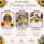 Video showcasing A Little Wildflower Is Blooming baby shower cake topper and matching cupcake topper set featuring layered 3D construction, sunflower floral design, lavender accents, rustic wood grain background, handmade custom baby shower decorations designed for dessert table displays and coordinated celebration decor.