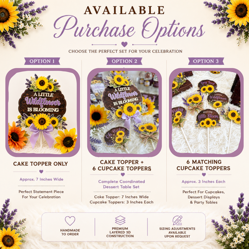 Video showcasing A Little Wildflower Is Blooming baby shower cake topper and matching cupcake topper set featuring layered 3D construction, sunflower floral design, lavender accents, rustic wood grain background, handmade custom baby shower decorations designed for dessert table displays and coordinated celebration decor.