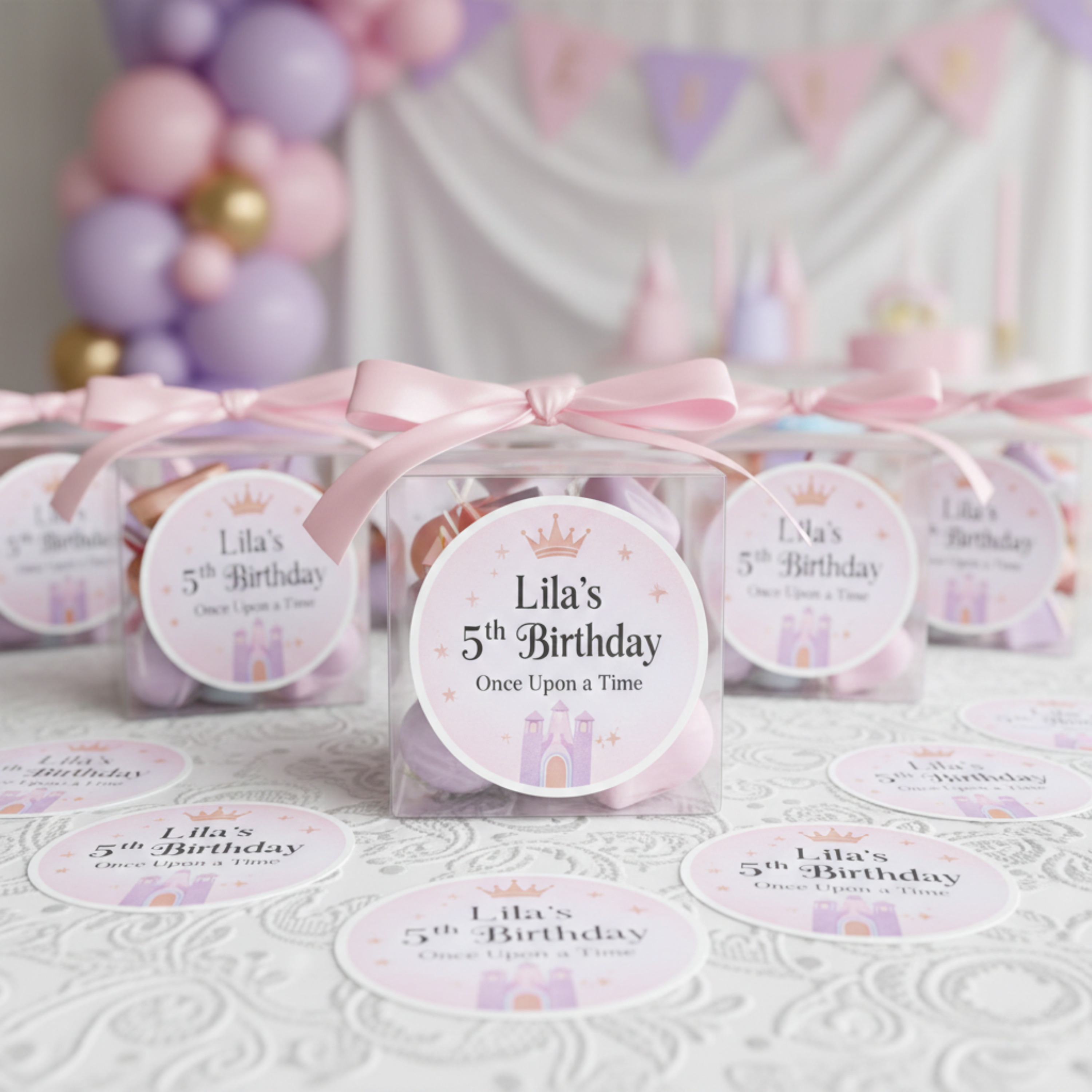 Personalized princess birthday party favor box stickers featuring a “Once Upon a Time” theme displayed on clear favor boxes tied with pink ribbon. These glossy round custom stickers include a child’s name and age and are perfect for princess themed birthday parties, treat boxes, candy favors, and coordinated party decor.
