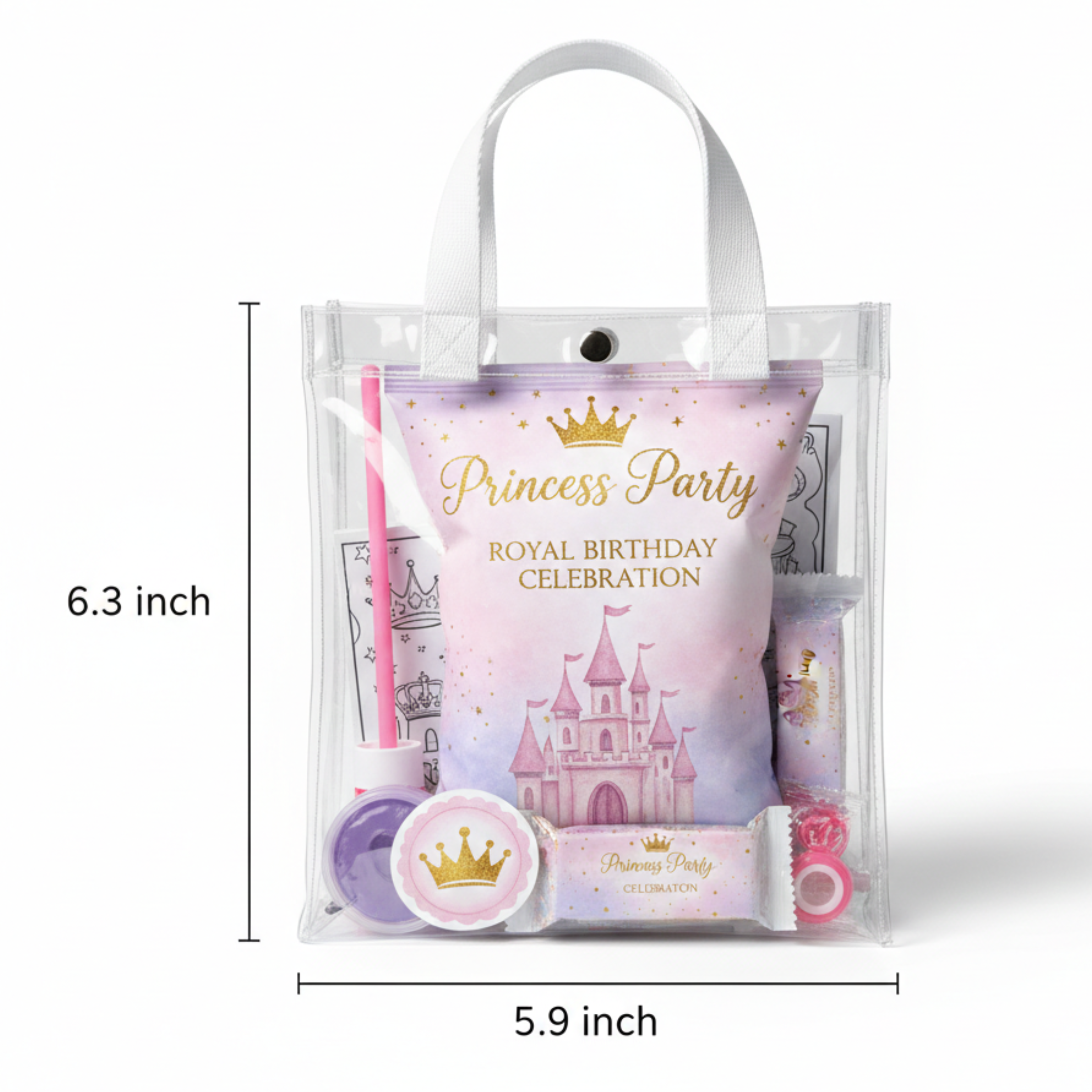 Personalized princess birthday party favor bag in a clear mini snap closure handbag measuring 6.3 inches tall and 5.9 inches wide, pre filled with custom themed treats for girls birthday parties.