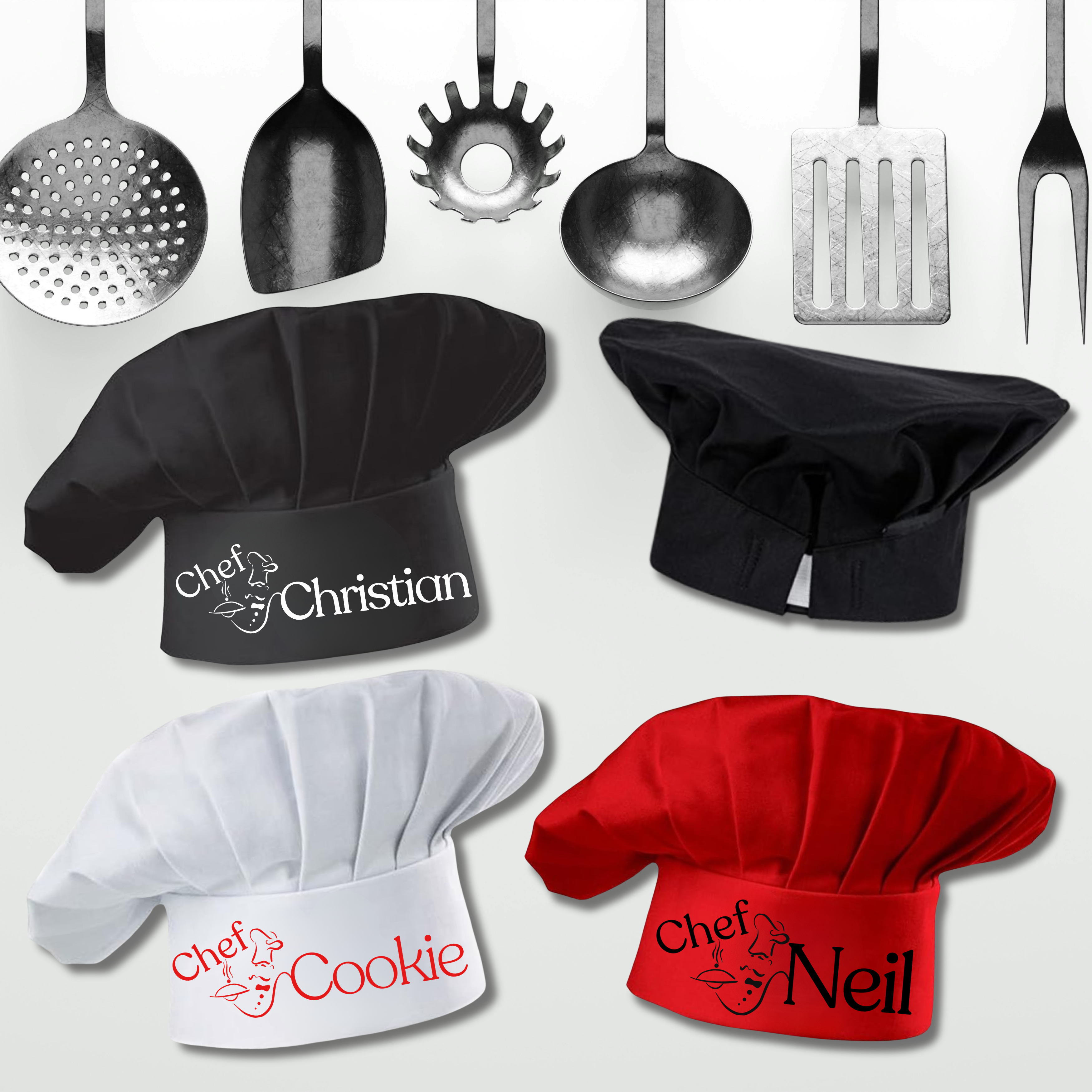 Set of personalized chef hats with names on a white chef inspired background