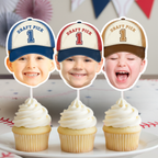Rookie of the Year baseball cupcake toppers featuring personalized child photo decorations in blue, red, and neutral tan cap styles, designed for sports themed birthdays, MVP smash cakes, and little slugger parties.