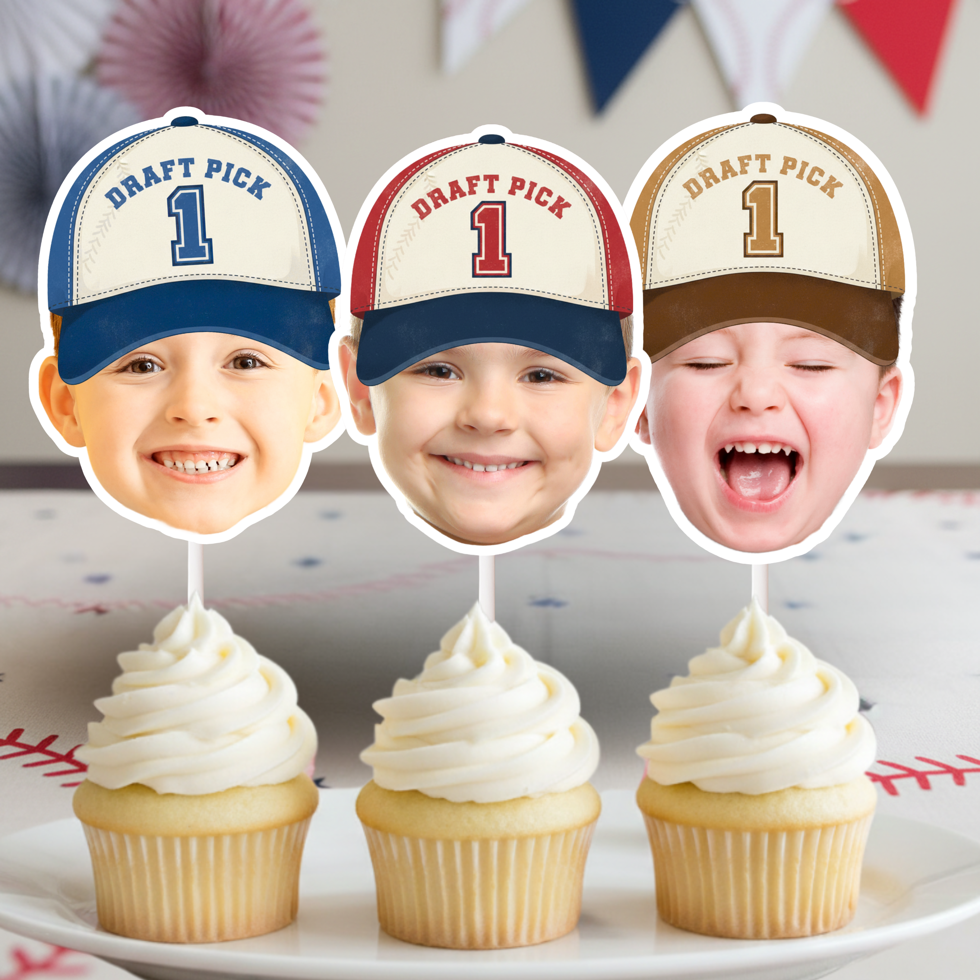 Rookie of the Year baseball cupcake toppers featuring personalized child photo decorations in blue, red, and neutral tan cap styles, designed for sports themed birthdays, MVP smash cakes, and little slugger parties.