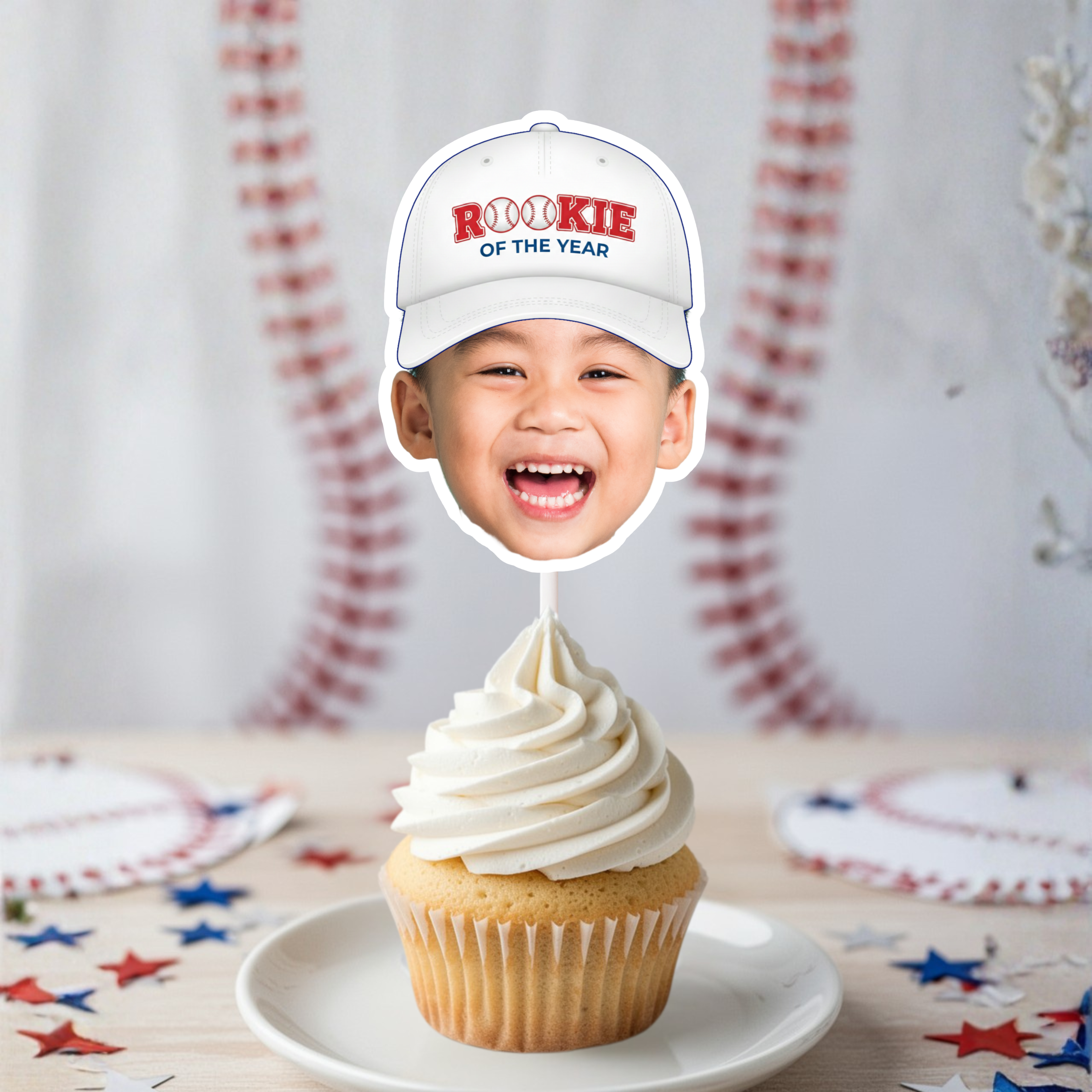 Personalized Rookie of the Year baseball smash cake photo cupcake topper featuring a child’s face with white cap design, styled for a first birthday baseball party and MVP sports themed celebration.