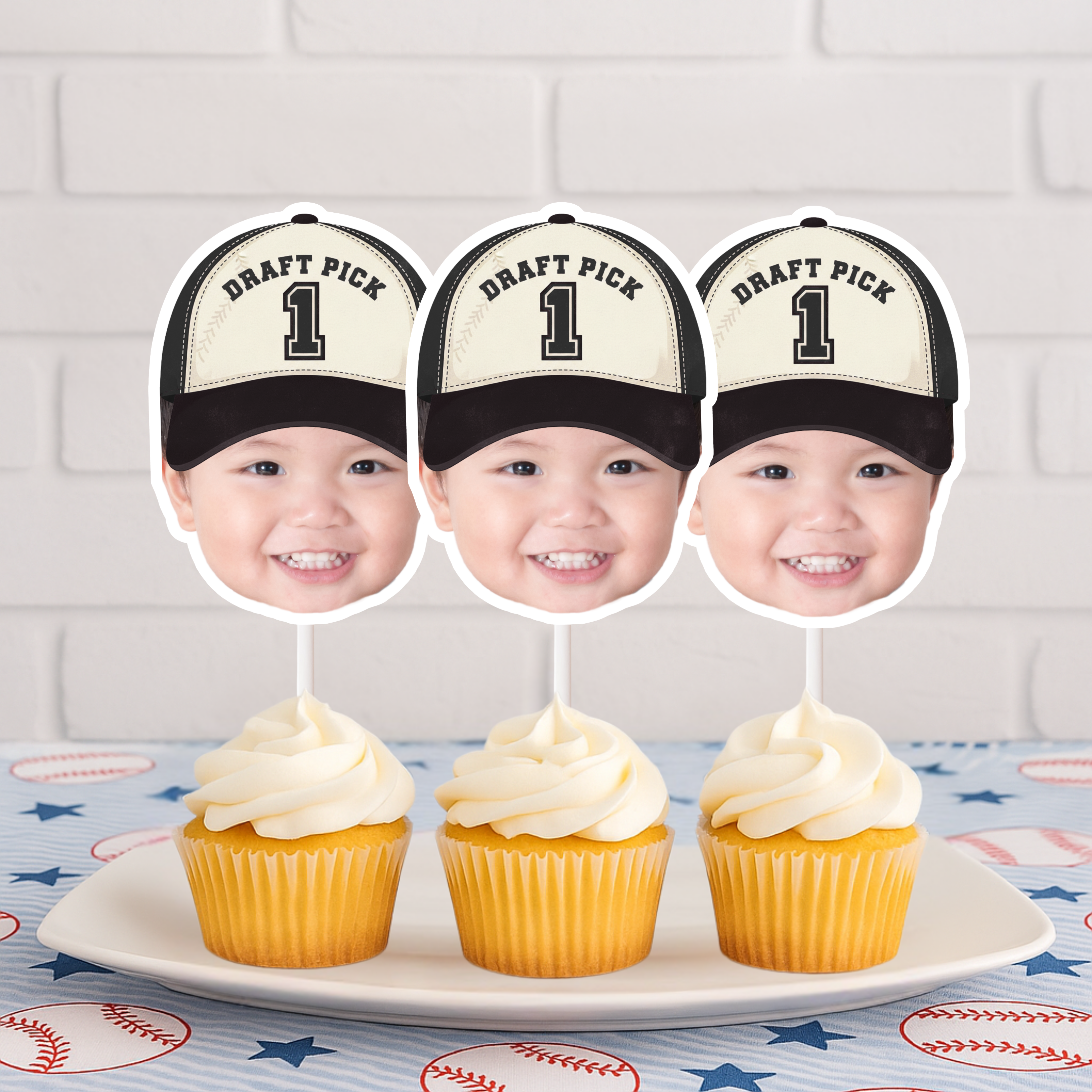 Rookie of the Year Draft Pick 1 baseball cupcake toppers in black cap style, personalized photo party decorations ideal for little slugger first birthdays and sports themed birthday celebrations.
