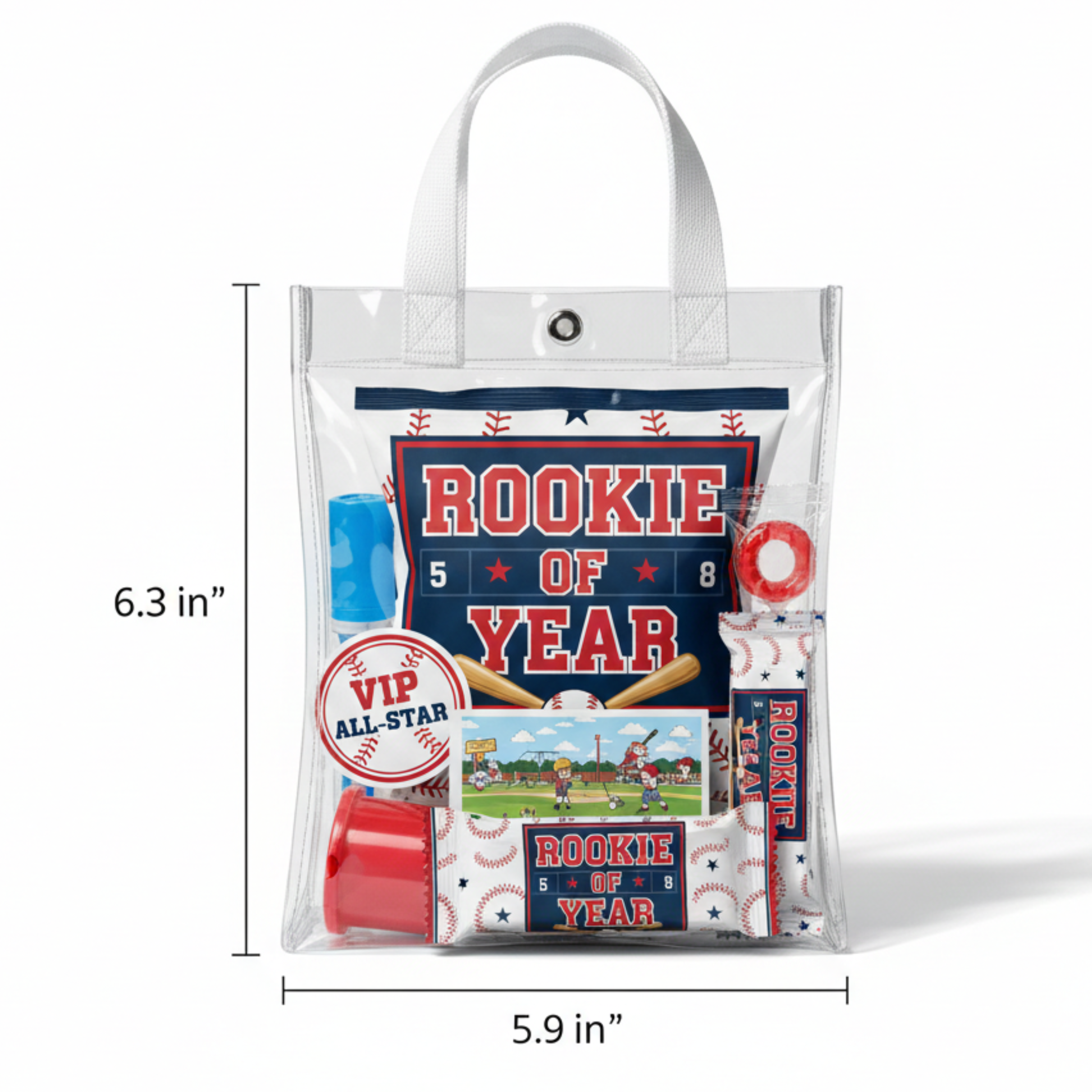 Rookie of the year baseball birthday party favor bag in a clear mini handbag style gift bag measuring 6.3 inches by 5.9 inches, filled with personalized sports themed treats for kids birthday guests.