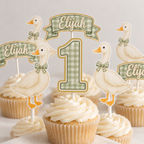 Sage green gingham One Silly Goose first birthday cupcake toppers personalized with Elijah, including goose, custom number and name banner designs.