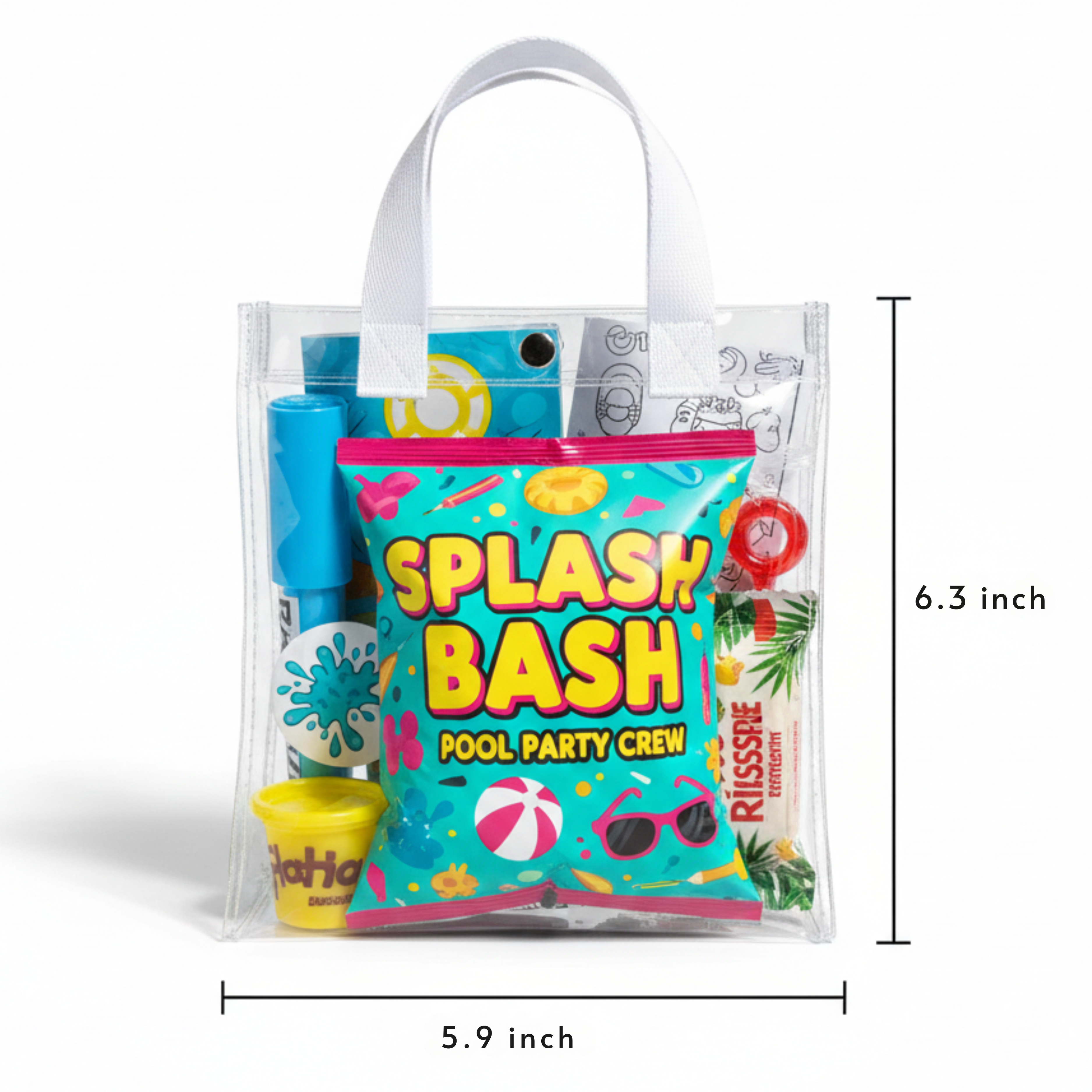 Splash bash pool party favor bag in a clear mini PVC snap closure handbag measuring 6.3 inches tall and 5.9 inches wide, pre filled with summer birthday party treats and personalized goodie bag items.
