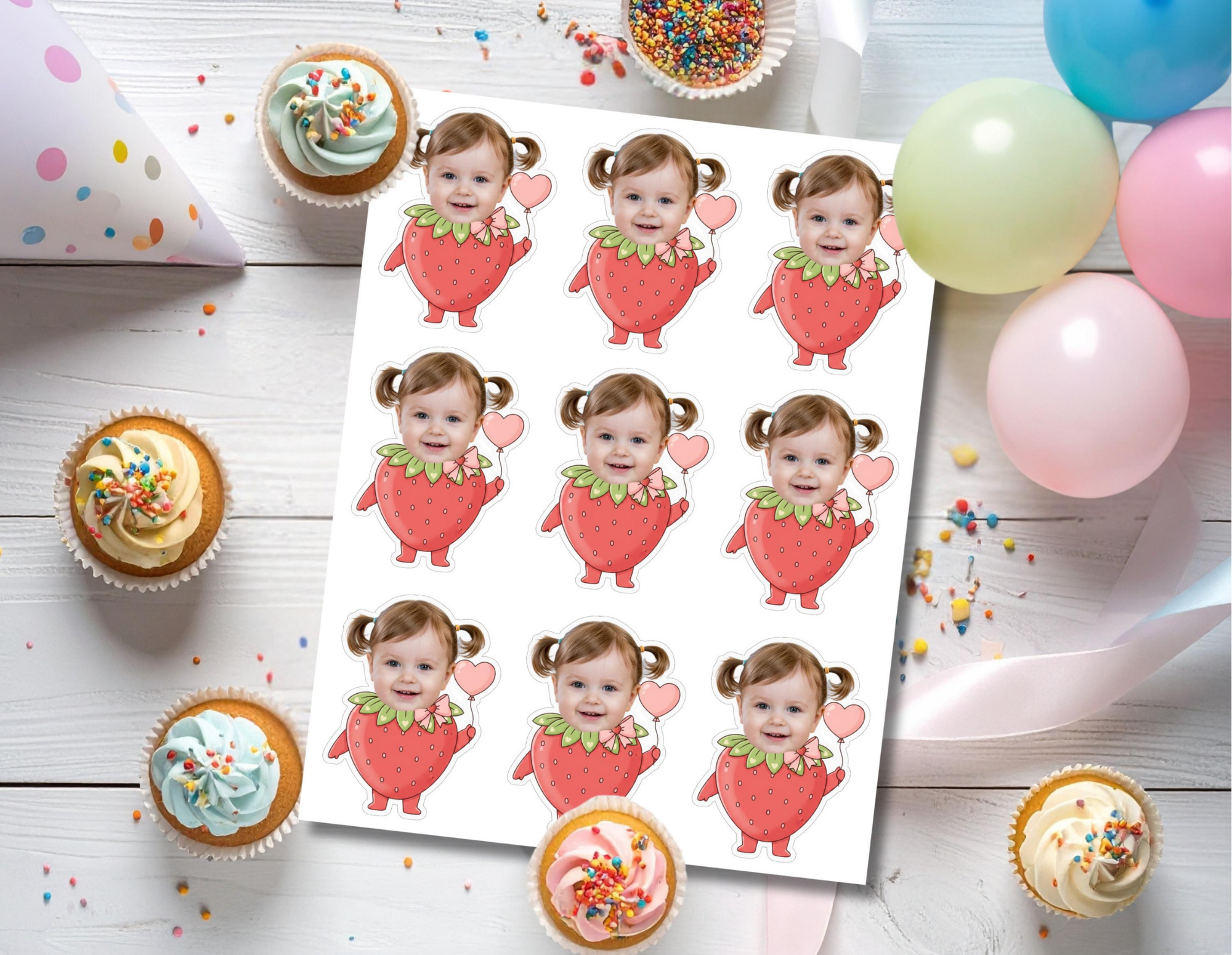 Printable sheet of nine personalized strawberry photo cupcake toppers featuring a smiling child dressed as a red strawberry with green leaves and holding a pink heart balloon