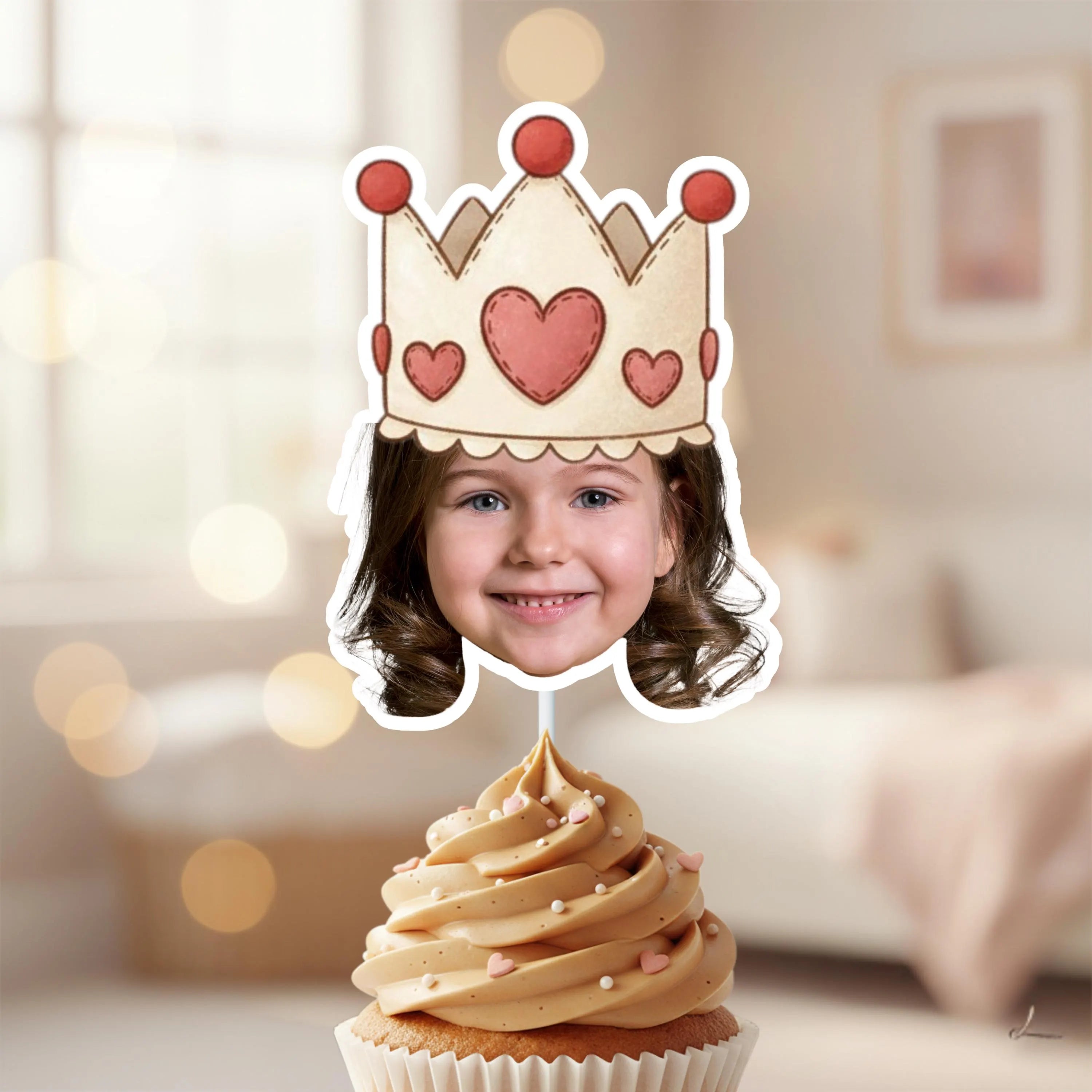 Sweet One princess photo cupcake topper with heart crown design displayed on a pink and cream frosted cupcake. Personalized first birthday decoration ideal for Berry First themes, baby girl royal celebrations, pink and gold princess parties, and smash cake photo sessions.