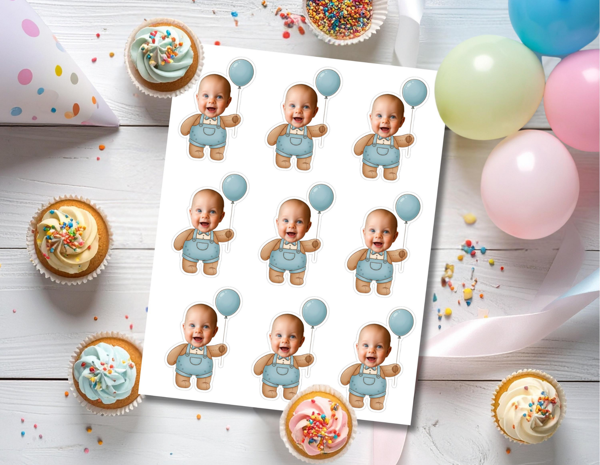 Printable sheet of nine personalized teddy bear photo cupcake toppers featuring a smiling baby’s face on a stuffed bear wearing blue overalls and holding a blue balloon