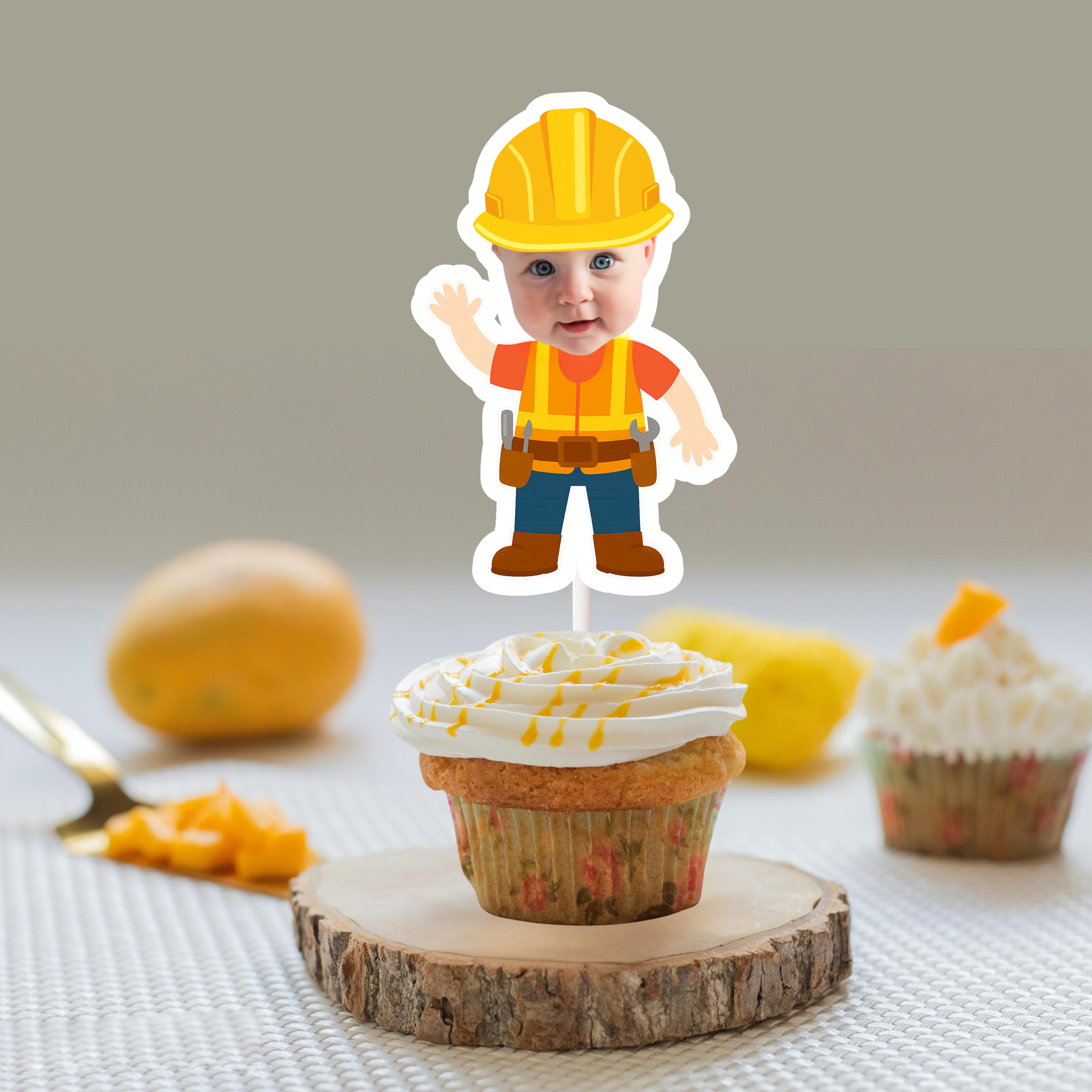 Personalized Construction Birthday Cupcake Toppers – Custom Builder Photo Picks