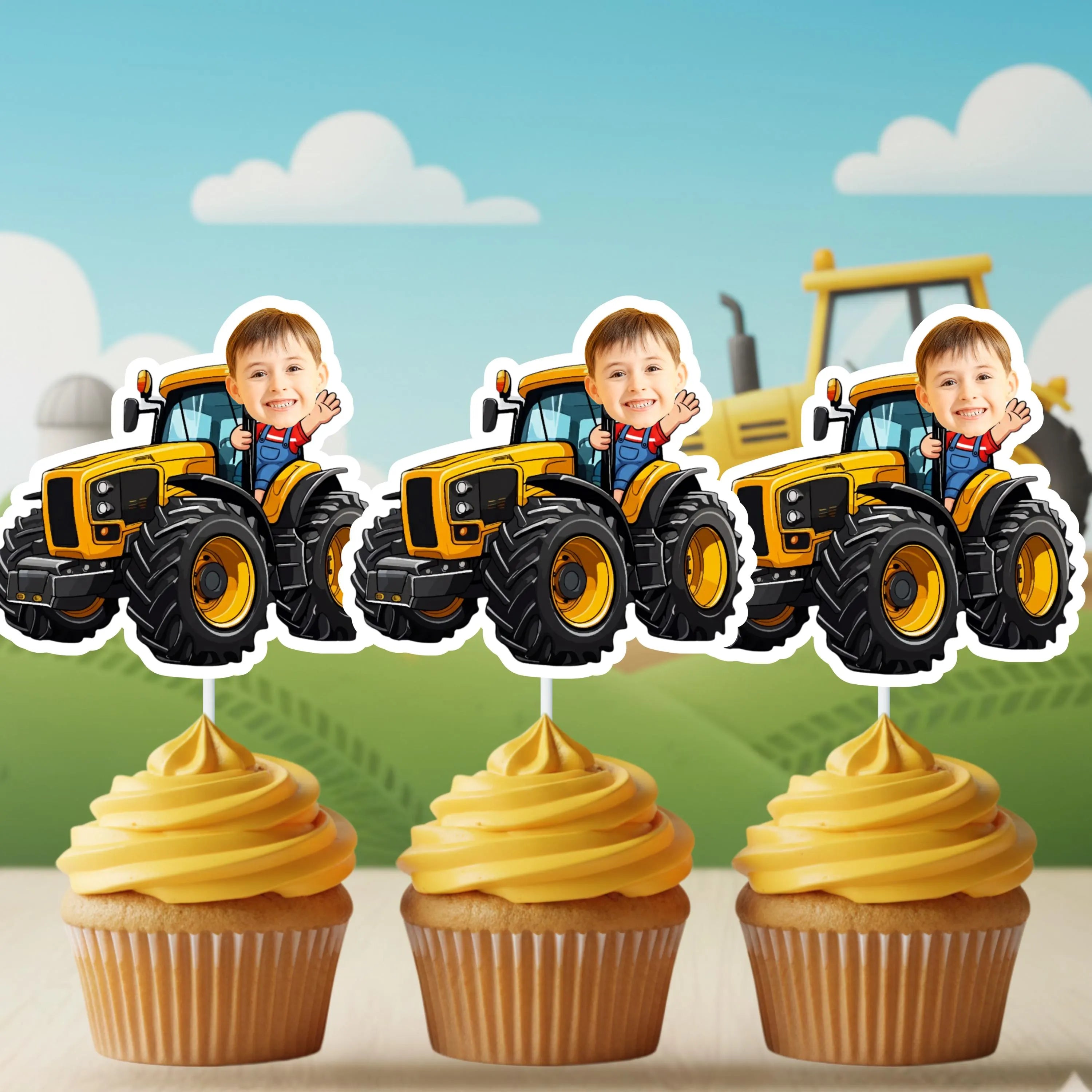 Set of three personalized tractor cupcake toppers with child photo, displayed on yellow frosted cupcakes against a farm background. Ideal for tractor birthday party decorations, barnyard dessert table décor, and construction themed first birthday celebrations. Custom farm birthday dessert table featuring personalized tractor cupcake toppers for a Down on the Farm first birthday theme.