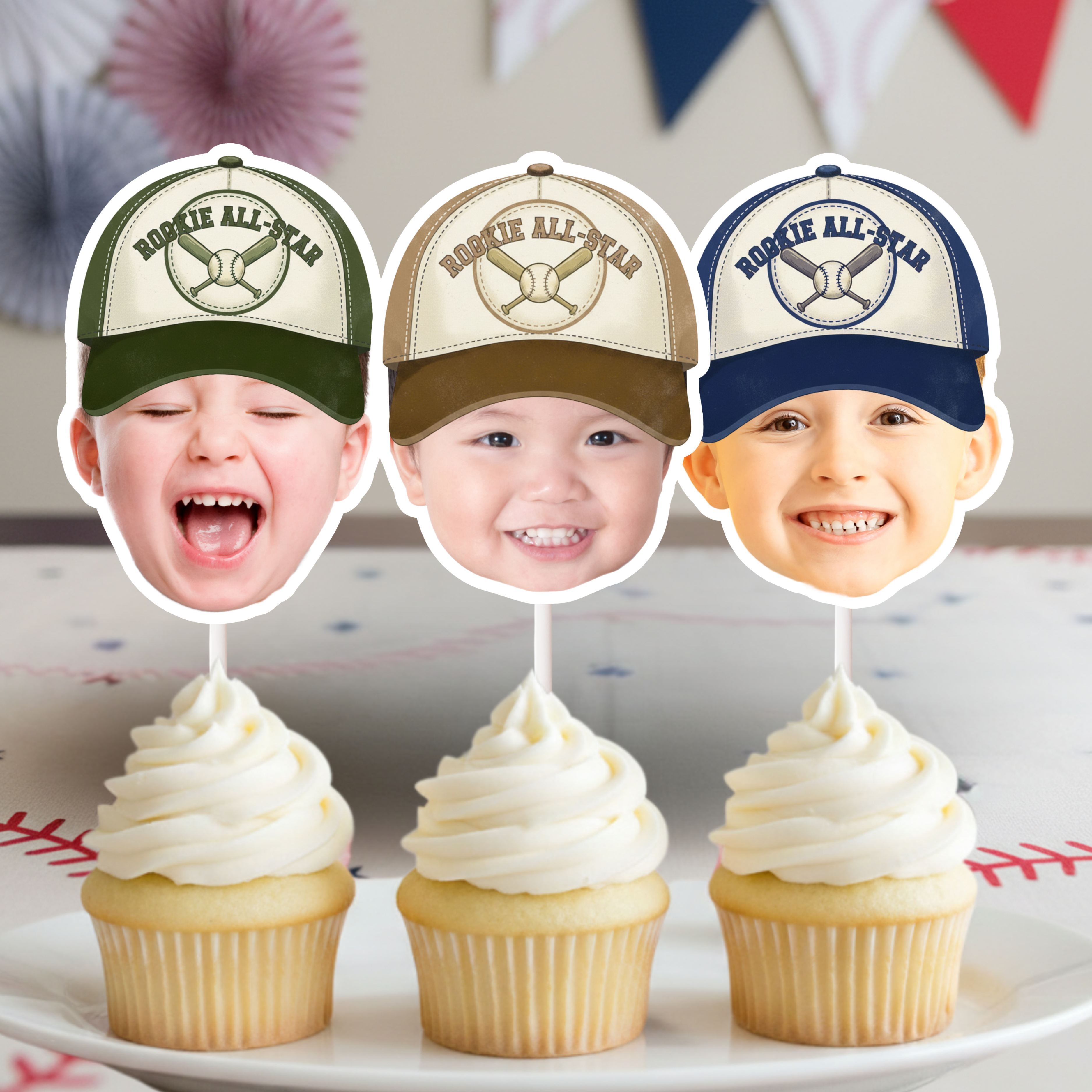 Vintage Rookie All-Star Baseball Photo Cupcake Toppers shown in green tan and navy cap color options styled on frosted cupcakes for little slugger birthday party dessert table decor.