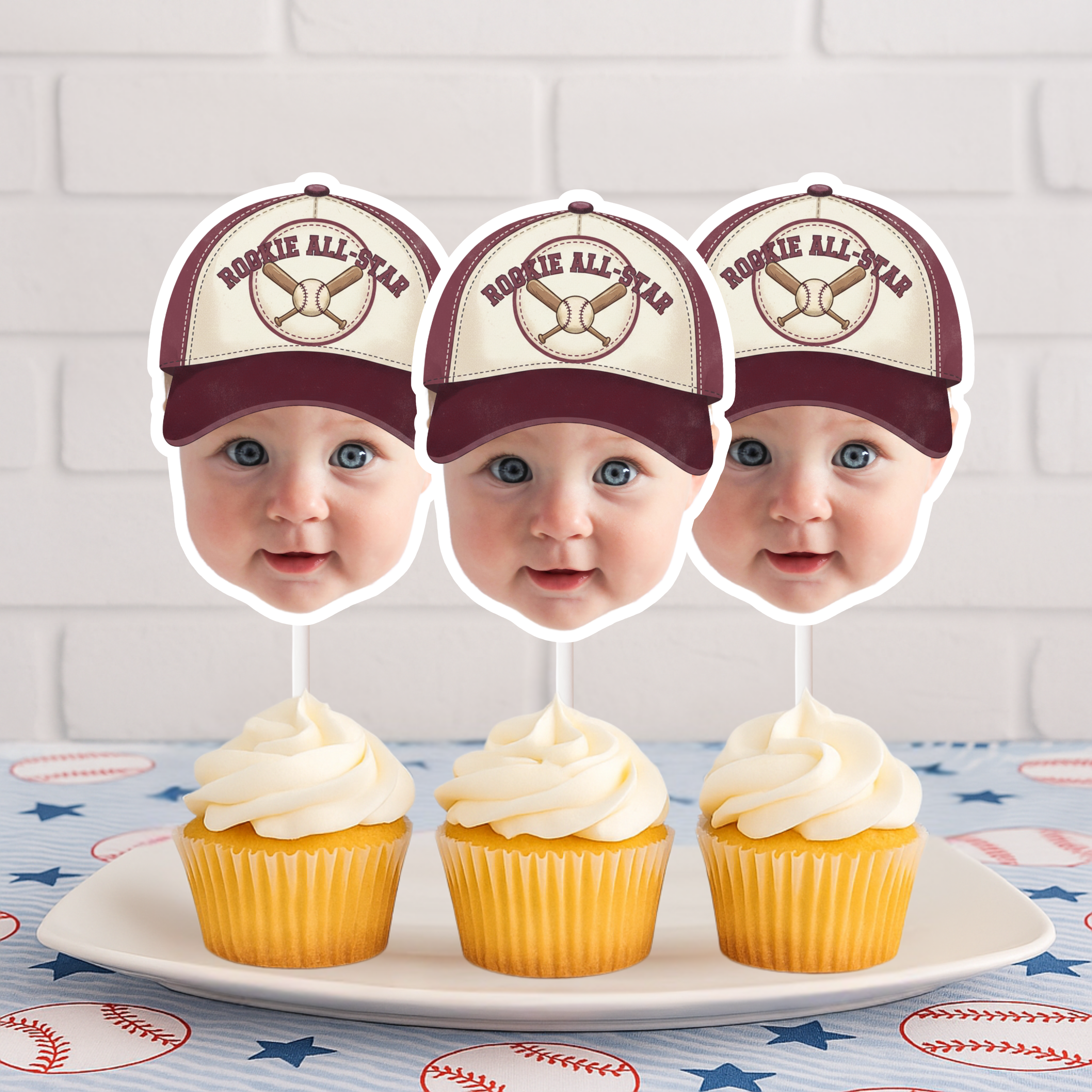Vintage Rookie All-Star Baseball Cupcake Toppers personalized with baby photo and classic maroon cap design styled on cupcakes for little slugger birthday party decorations.