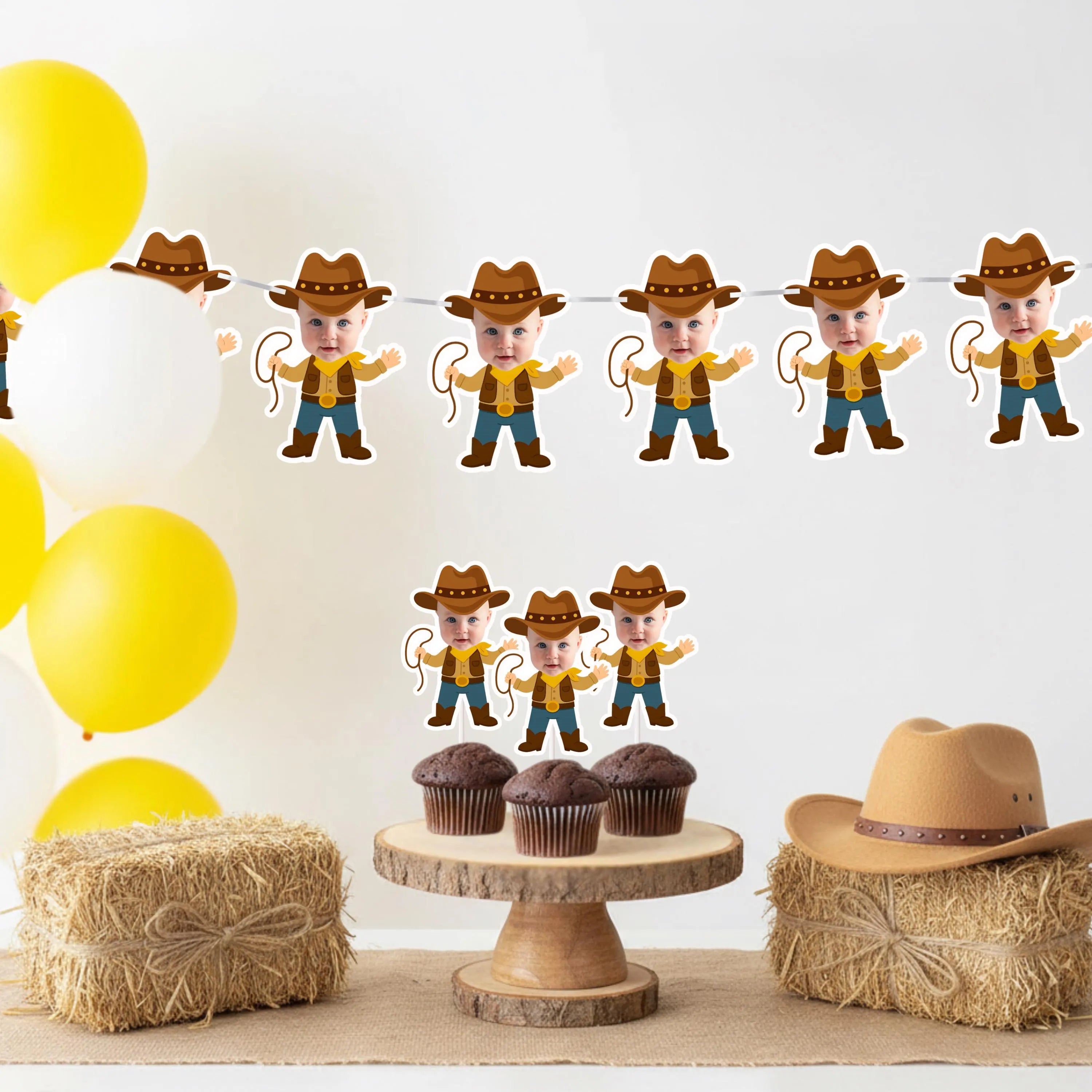Cowboy-themed birthday party setup with sheriff banner, balloons, cupcakes, and a banner.
